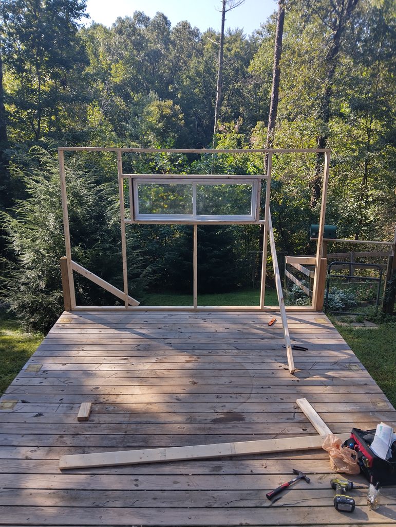 The back wall is up! The window was sourced from FB Marketplace and is a vinyl clad slider. Only $20!